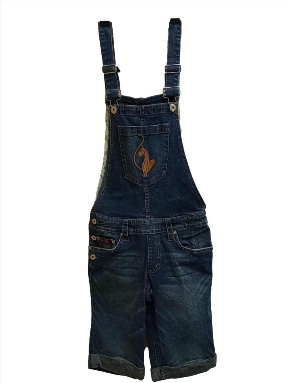 90'S BABY PHAT Y2K VINTAGE AUTHENTIC DENIM BIB OVERALLS SHORTS  EMBROIDERED CAT